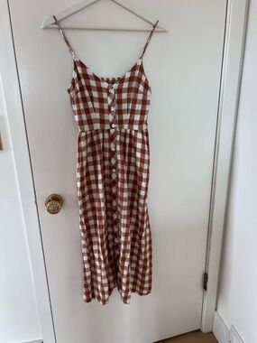 a new day Rust & White Gingham Midi Button-Front Dress